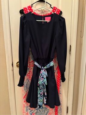 Lilly Pulitzer Navy Blue Long-Sleeve Fit-and-Flare Dress with Floral Sash